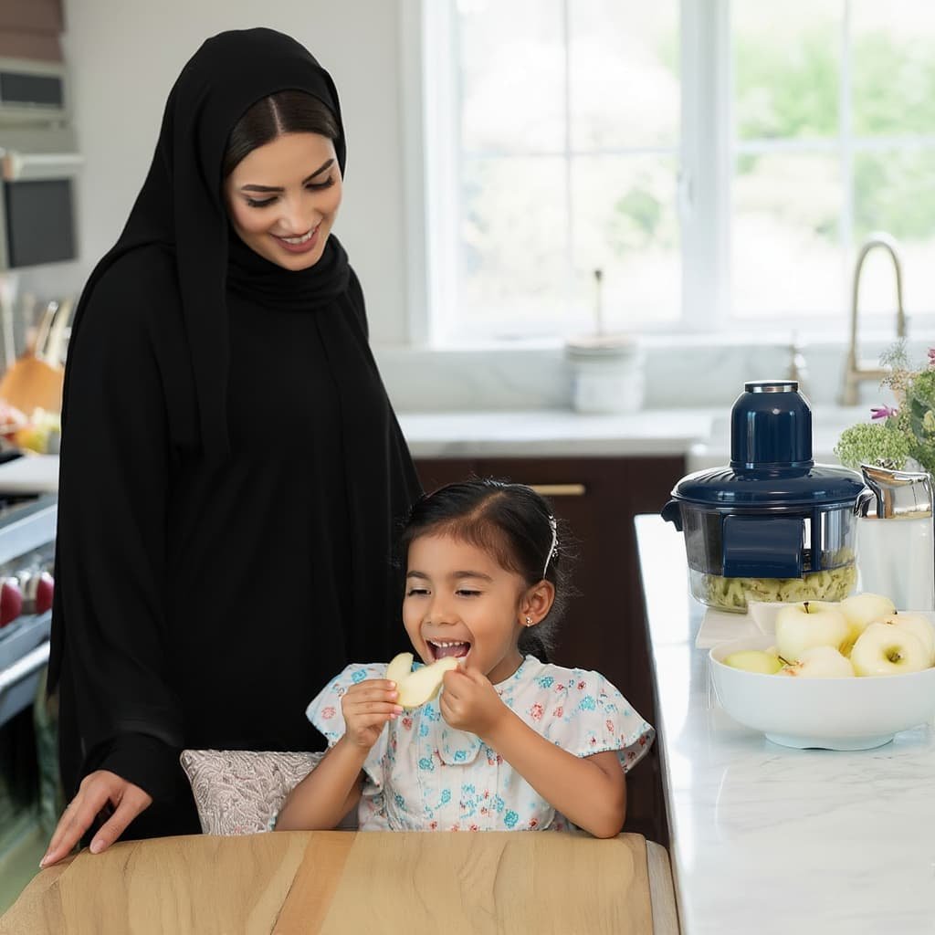 أم إماراتية مع بنتها تأكل تفاح مقشر